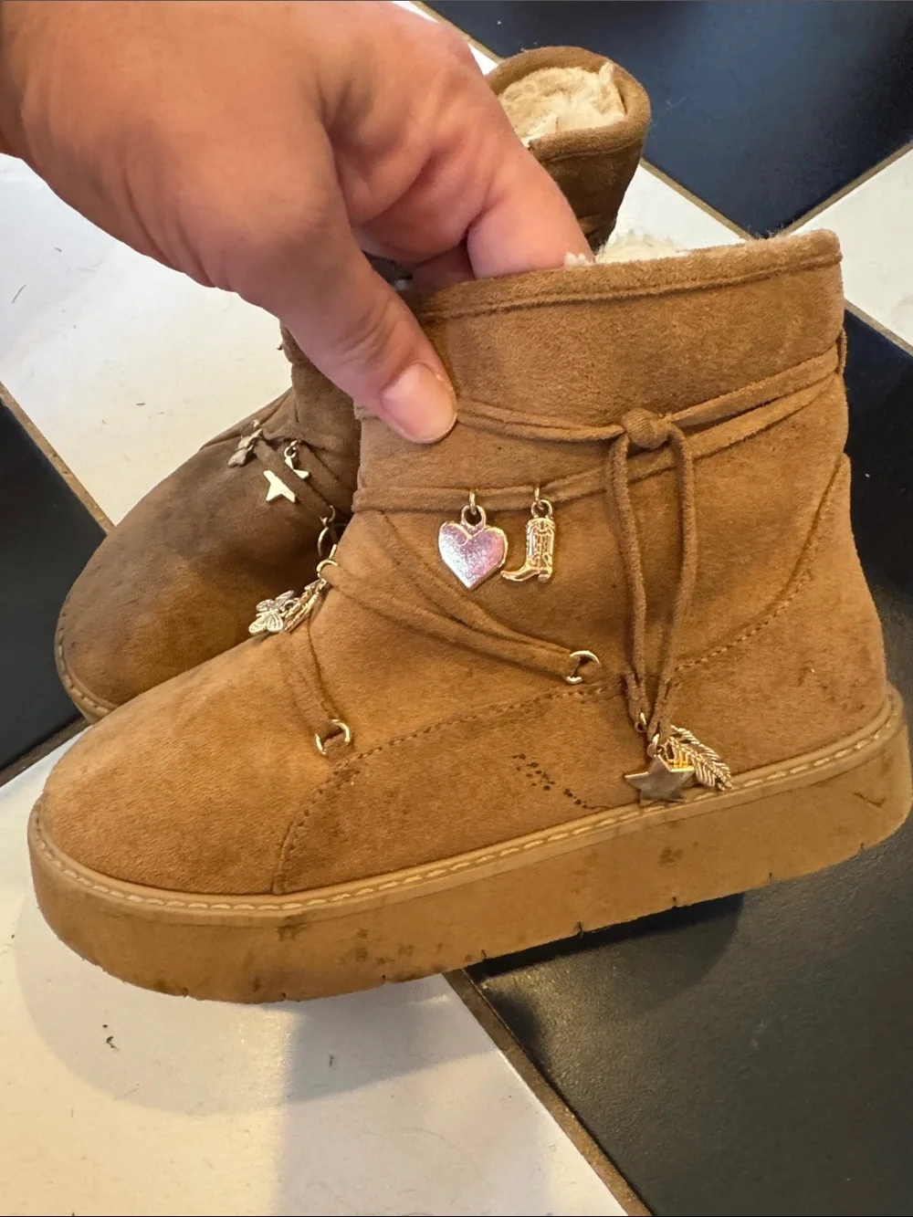 Girls' Tan Faux-Suede Winter Boots with Charm Accents sz 2